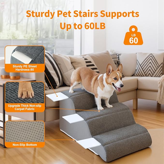 3-Steps Dog Stairs for Bed and Couch 12.6" H, Wider Pet Stairs for Small Old Dogs Cats, 30°Steady Non-Slip Dog Steps, Washable Dog Ramp with Removable Cover, PE Boards
