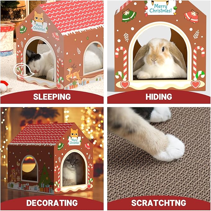WESTERN HOME Christmas Cardboard Cat House W/Scratcher, Gingerbread Man Indoor Cat House for Christmas Decorations, Hideway Playhouse for Kitten&Small Animal (Brown, 16.5" x 12.5" x 15.5")