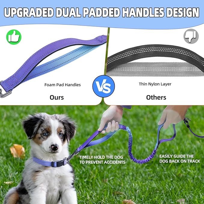 Roses&Poetry Hands Free Dog Leash with Zipper Pouch, 6-9ft Bungee Waist Leash for Medium Large Dogs Walking, Running Lead with Dual Padded Handles Car Safety Buckle for Training Jogging