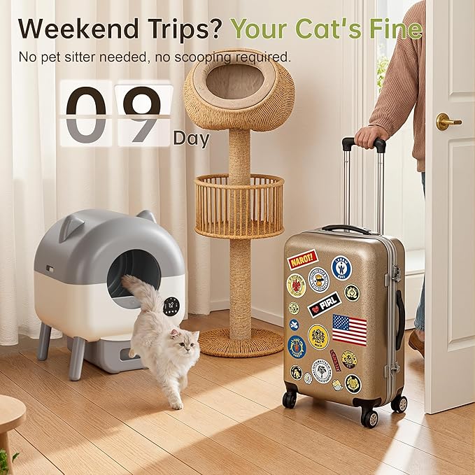 Greesum 76L Large Capacity Fully Enclosed Automatic Litter Box, Cat Ear Design with Garbage Bags Aroma Box and Brush for Multi - Cat Families (Gray)