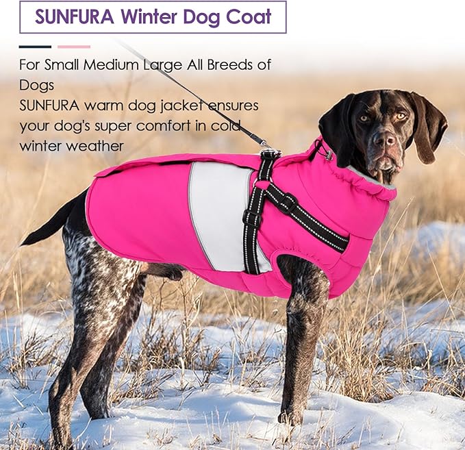 SUNFURA Small Dog Coat with Harness Built in, Warm Dog Jacket Winter with Zipper On Back, Waterproof Pet Snow Jacket Snowsuit Pet Sweater Clothes for Schnauzer, Yorkshire Terrier, Hot Pink S