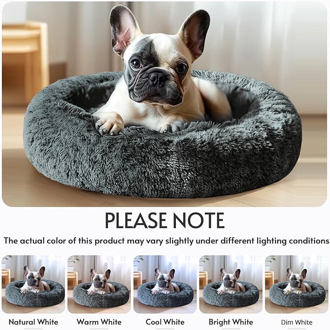 JOLLYVOGUE Calming Small Dog & Cat Bed for Indoor Cats - 20 inches Washable Donut Bed for Kittens & Puppies, Anti-Anxiety Round Fluffy Plush Pet Beds (Fits up to 15 lbs, Navy Grey)