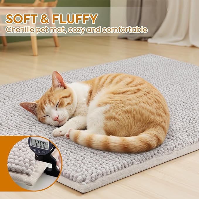 Pieviev Chenille Cat Litter Mat for Litter Box, 28"x22" Soft Ultra Absorbent Mat, Waterproof & Non-Slip, Easy to Clean Litter Trapping Mat for Indoor Cats, Gray