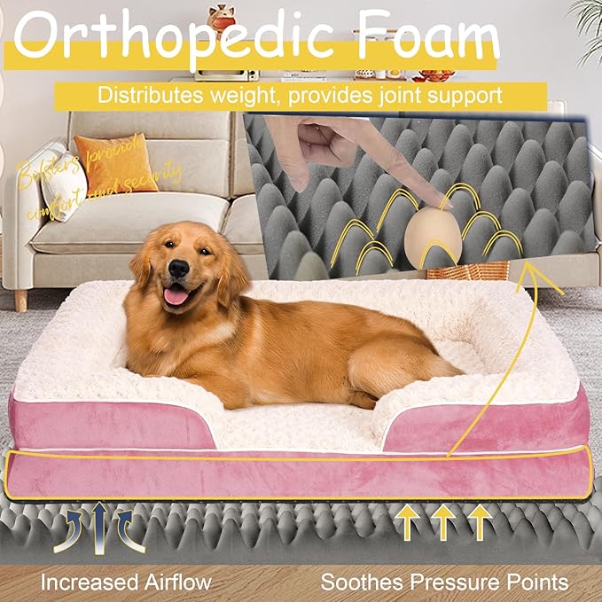 Orthopedic Dog Bed for Large Medium Sized, Washable Memory Foam Large Dog Bed, Medium Pet Sofa with Removable Cover, Washable Waterproof Pet Couch Beds(Pink, L)