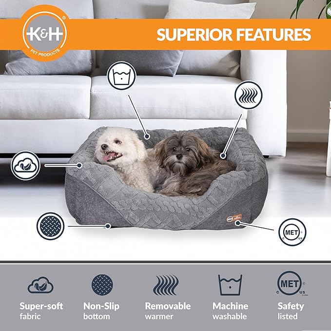 K&H Pet Products Thermo-Pet Lounge Sleeper Indoor Heated Pet Bed for Dogs & Cats, Bolstered Warm Calming Pillow Bed for Multiple or Large Cats, Machine Washable, Safety Listed - Medium 30.5 X 24.5in