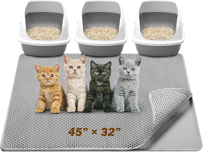 Cat Litter Mat,45"x32"Large Cat Litter Mat Litter Trapping Mat,Honeycomb Double Layer Kitty Litter mat,Soft EVA Material,Durable,Urine & Waterproof,Easy Clean,Washable(Light grey)