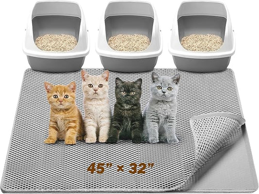 Cat Litter Mat,45"x32"Large Cat Litter Mat Litter Trapping Mat,Honeycomb Double Layer Kitty Litter mat,Soft EVA Material,Durable,Urine & Waterproof,Easy Clean,Washable(Light grey)