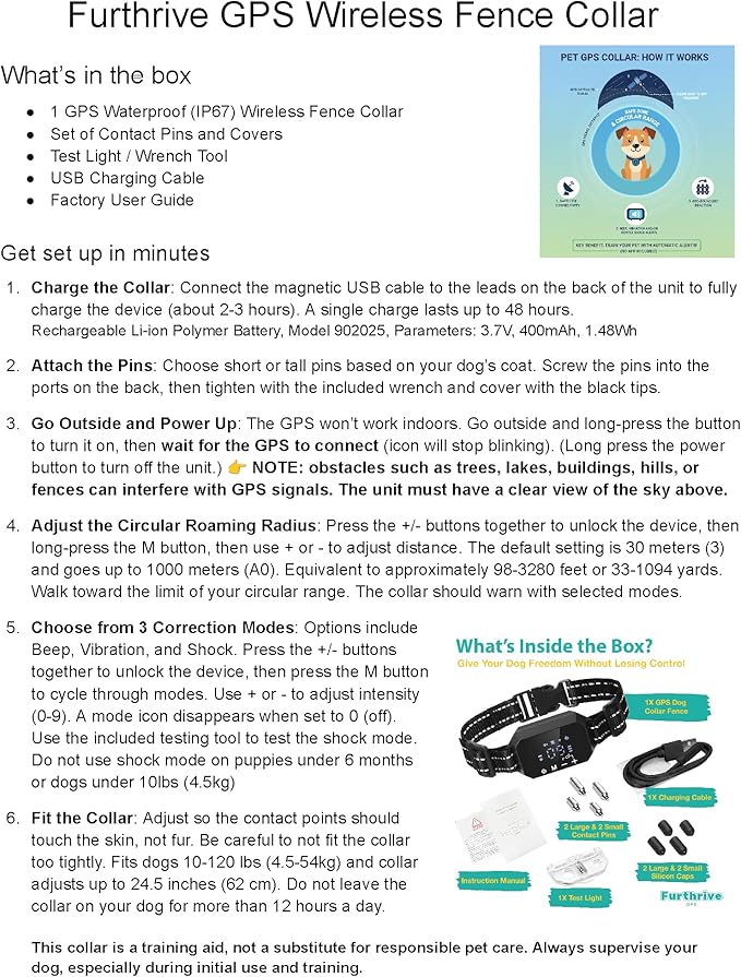 Furthrive GPS Dog Collar, Wireless Dog Fence 100–3280 ft Circular Boundary, Waterproof GPS Dog Collar Fence System Outdoor Electric Pet Barrier with Beep, Vibration & Adjustable Training