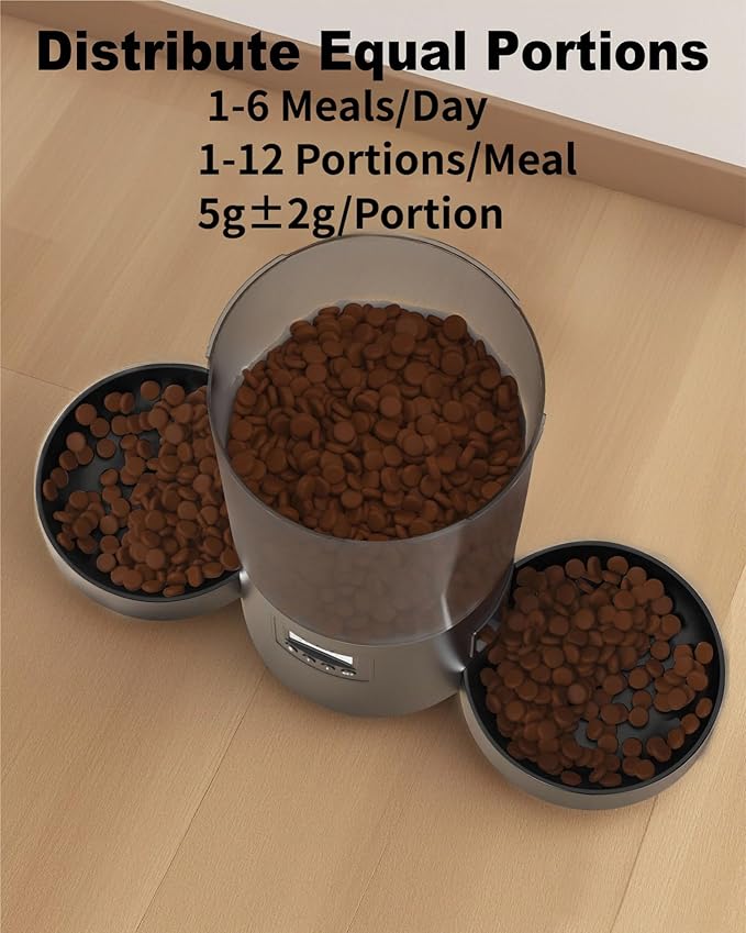 Automatic Dual Cats Feeder 2 Cats,Dual Power,Flexible Schedule Timer,6 Meals 12 Portions Per Day (Clear Black, ABS Double Bowls)