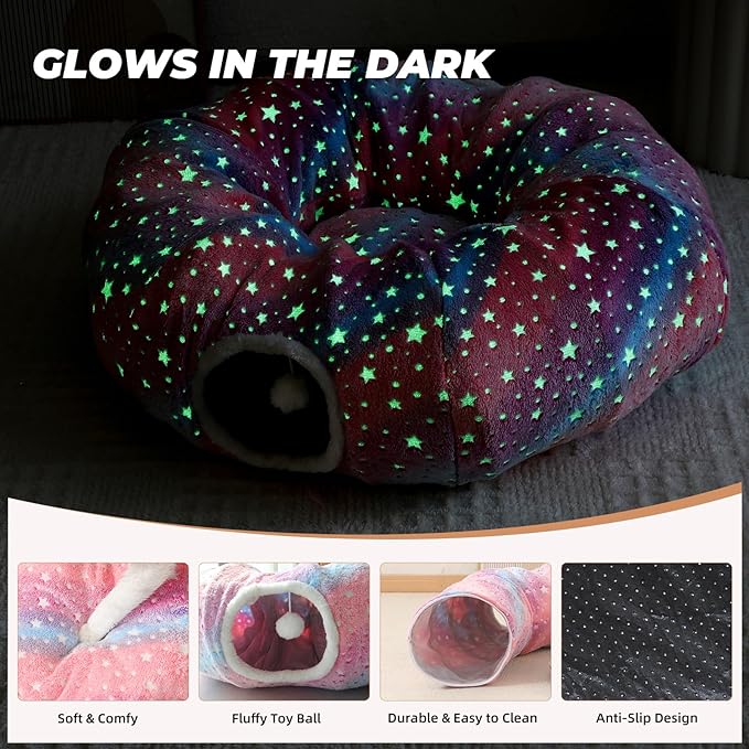 Under Christmas Tree Large Cat Tunnels Bed Tube for Indoor Cats Glows in The Dark Cat Tunnel with Cushion and Plush Ball Toy Longer Playground Toys for Dog Puppy Kitten Rabbit Pet Rainbow