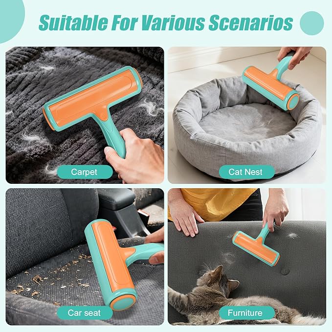 Pet Hair Removal Tool, Self Cleaning Pet Hair Remover, Reusable Lint Roller with Large Capacity Dust Bin, Ergonomic Grip for Furniture, Car Seats, Sofa, Carpet, Bed (Turquoise)