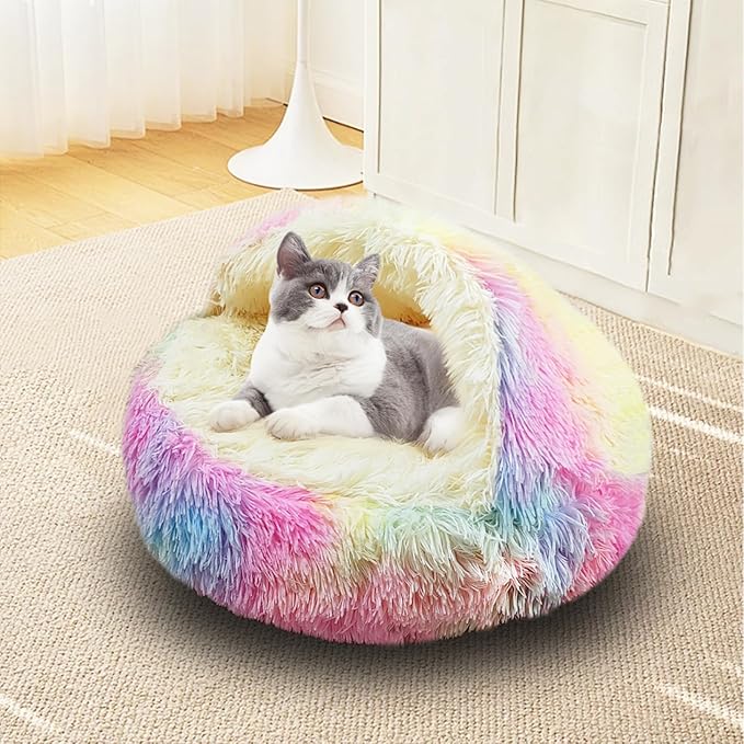 ShinHye Cat Bed Round Plush Fluffy Hooded Cat Bed Cave, Cozy for Indoor Cats or Small Dog beds, Soothing Pet Beds Doughnut Calm Anti-nxiety Dog Bed - Waterproof Bottom Washable (20×20inch, Multicolor)