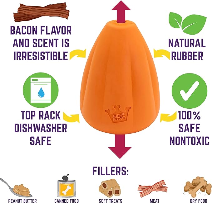 Chew King by Mammoth Premium Treat Dog Toy, Extremely Durable Natural Rubber Toy, Bacon Flavored Dog Treater, Orange Large