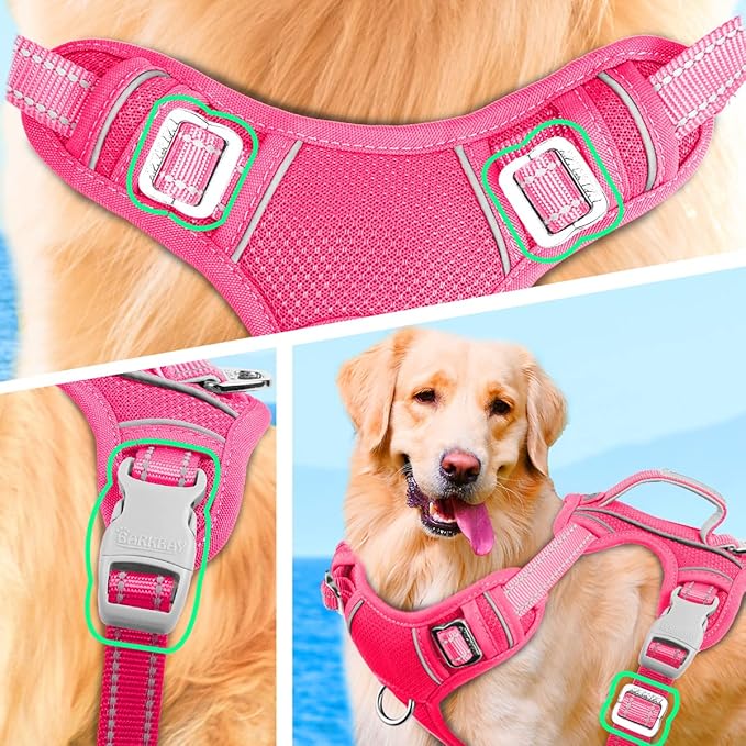 BARKBAY No Pull Dog Harness Large Reflective Dog Harness with Front Clip and Easy Control Handle for Walking Training Running with ID tag Pocket(Pink,S)