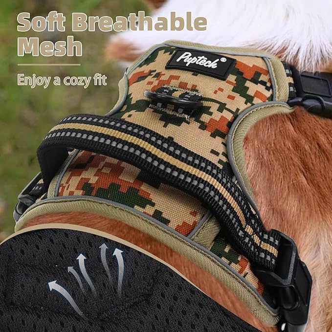 PUPTECK No Pull Tactical Dog Harness Medium Sized, Adjustable Reflective Dog Harness with Handle Easy Control, Comfortable Soft Padded Pet Vest Harness for Medium Dogs, Camouflage M