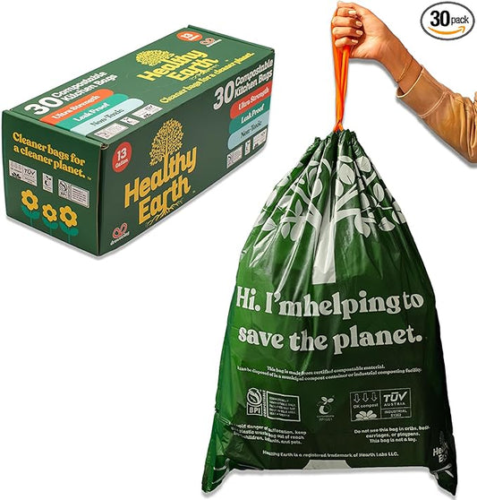 Healthy Earth 13 Gallon Compostable Drawstring Trash Bags, 1.13 Mil Extra Thick Tall Kitchen Liners (49.2 L), Heavy Duty Leak-Proof Food Scrap Bags, BPI & TÜV OK Compost Certified, 30 Count