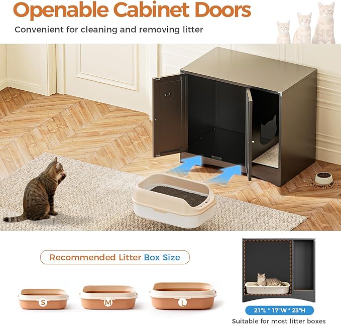 AUN Cat Litter Box Enclosure Hidden Cabinet, Easy Clean Steel Frame Pet House Furniture, Cat Washroom with Curved Entry, Dog-Proof, Black, 31.5x19.6x27.5 Inches, Indoor Use