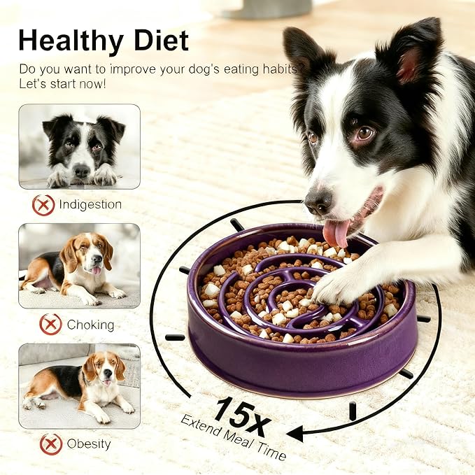 Ceramic Slow Feeder Dog Bowls with Anti-Slip, Slow Feeder & Non-Slip Design, Boredom and Anxiety Reducer, Suitable for All Breed Dogs and Cat (Ceramic-Purple)