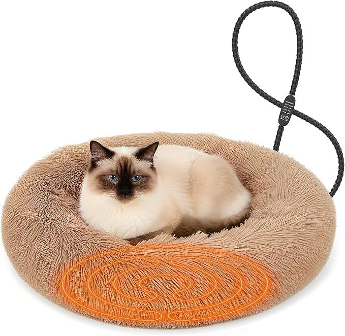 Heated Cat Bed for Indoor Cats, 23-inch Cozy Donut with USB Power, Adjustable Temperature & Timer, Machine Washable Cover for Small & Medium Cats (Camel)