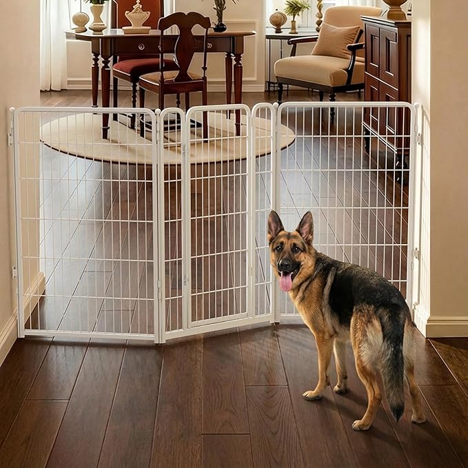 FXW Dog Gate Extra Wide Designed for Indoor Use, Adjustable Width Up to 83-inch Wide (45" H 3 Wire Panels for Large Dogs), White