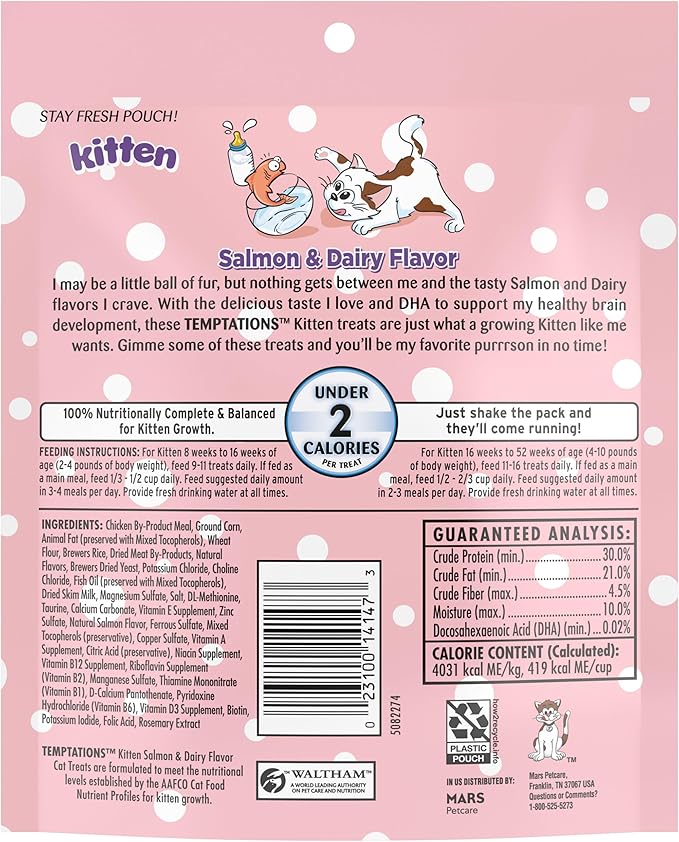 Temptations Kitten Crunchy and Soft Cat Treats Salmon and Dairy Flavor, 6.3 oz. Pouch, (Pack of 10)