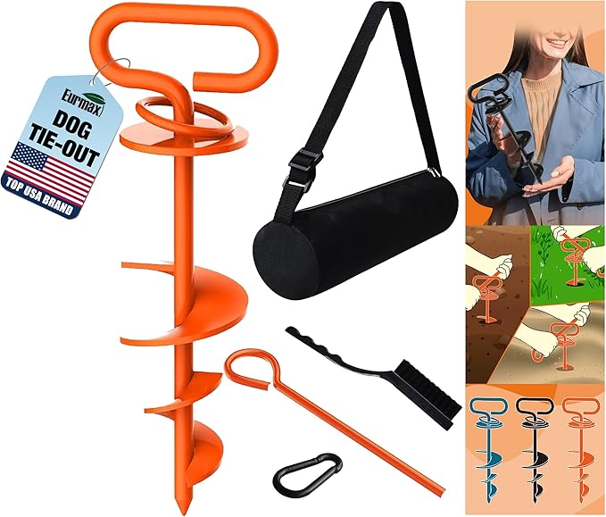 Eurmax USA Dog Tie Out Stake Triple Lock Heavy Duty Dog Anchor for Large Dogs Trampoline Stakes Dog for Yard and Outdoor Dog Runner Install & Travel Kit Included,1-Pack(Orange)