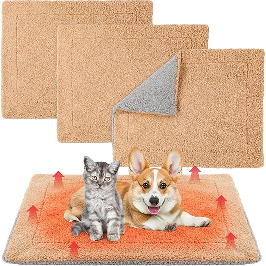 Novabright 3 Pack Self Warming Cat Bed 17x22 Inch Self Heating Dog Mat Reflects Body Heat Extra Warm Thermal Pet Pad Washable Cat Dog Bed for Outdoor Indoor Large Kittens Puppy(Grey/Camel)