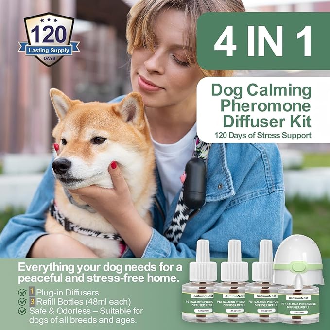 Dog Calming Pheromone Diffuser for Dogs, Plug-in + 3 Refills Kit, Supports Relaxed Behavior, Helps Ease Stress, Anxiety, Barking, Fear During Loud Events, Separation, Travel, 90 Days Non-Toxic Care