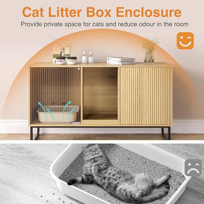 Kitty Litter Box Enclosure for 2 Cats, Small Hidden Cat Litter Box Furniture with Scratch Pad, Modern Fluted Double Litterbox Cabinet TV Stand for Kittens, Natural