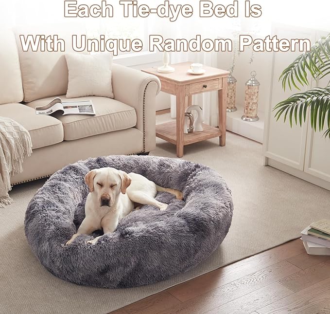 45 inches Donut Dog Bed for Extra Large Dogs,Calming Fluffy Round Jumbo Pet Bed with Removable & Washable Cover, Fits up to 120 lbs Pets (Tie-dye Grey,XL)