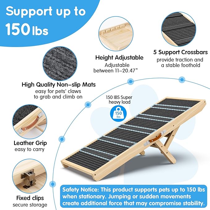 Dog Ramp for Couch, Bed, Wooden Long Pet Stairs for Small & Large Old Dogs & Cats, Hold up to 100lb, Adjustable Height from 11.41" to 20.47", Portable Doggie Steps Weight 11 lbs (39.37" L)