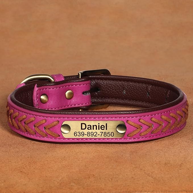 Personalized Dog Collars Custom Premium PU Leather Dog Collar with Name and Phone Number Engraved Name Plate for Large Dogs Customized Customizable Adjustable Dog Collar, Hot Pink,L(14-18")