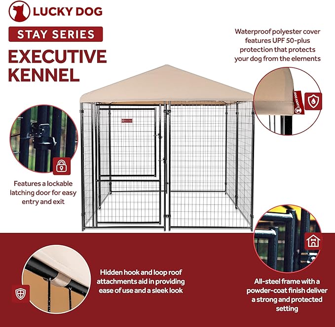 Lucky Dog Stay Series 8' x 8' x 6' Executive Black Powder Coat Steel Frame Large Outdoor Dog Kennel w/Waterproof Canopy Roof & Single Gate Door, Khaki