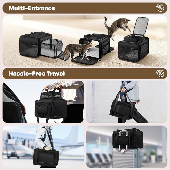 Top and 2 Sides Expandable Pet Carrier 17x11x9.5, TSA Airline Approved Small Dog Carriers for Small Dogs, Soft-Sided Cat Carrier with Self-Locking Zippers for Kitten,Rabbit, Puppy, Guinea Pig Black