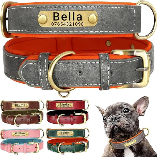 Leather Dog Collar Personalised and Leash Set, Personalized with Soft Padded Design Heavy Duty Featuring Custom Engraved Name Plate for Small Medium and Large Dogs