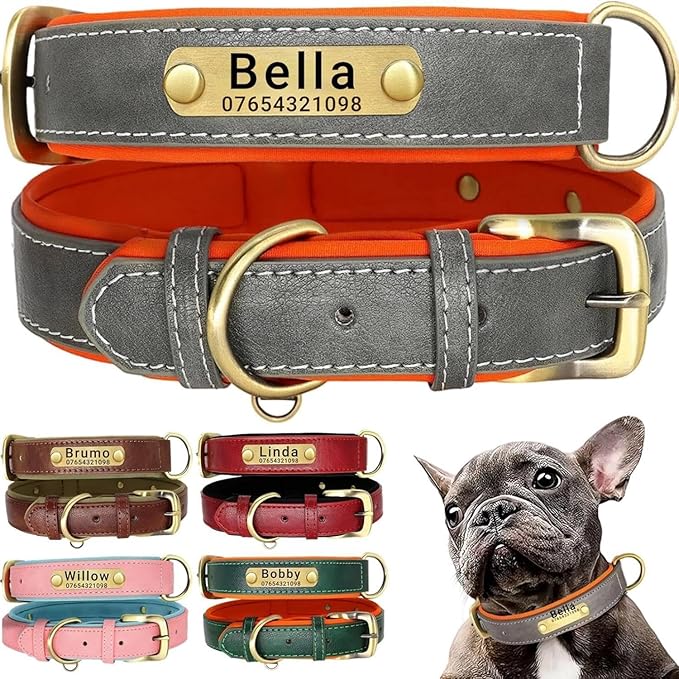 Leather Dog Collar Personalised and Leash Set, Personalized with Soft Padded Design Heavy Duty Featuring Custom Engraved Name Plate for Small Medium and Large Dogs