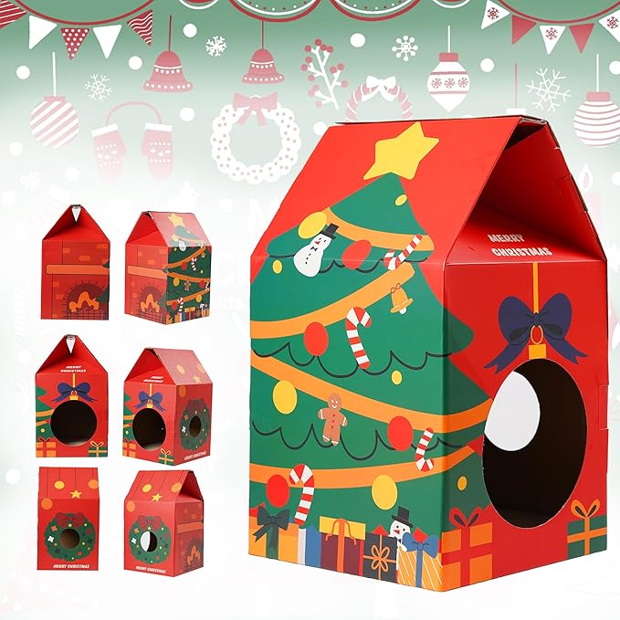 Cat House Scratcher Cardboard, Christmas Theme Thick Scratching House, pet Lounge Bed for Indoor Rest & Play, pet Scratcher Pad (12 "L X 12" W X 20" H)
