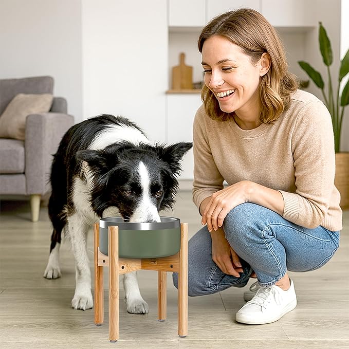 Dog Bowl Stand for Large Dogs (See Size Guide) - Use to Elevate, Raise Dog Food and Water, Deter Ants/Bugs - Expandable Sideways, Fits Various Sizes of Slow Feeders, Dishes/Fountains - Bamboo