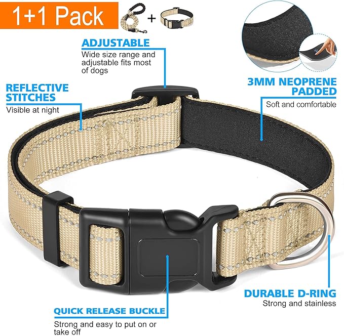 Reflective Dog Collar Padded with Soft Neoprene Breathable Adjustable Nylon Dog Collars for Small Medium Large Dogs (Medium (Pack of 1), Vanilla Collar+Leash)