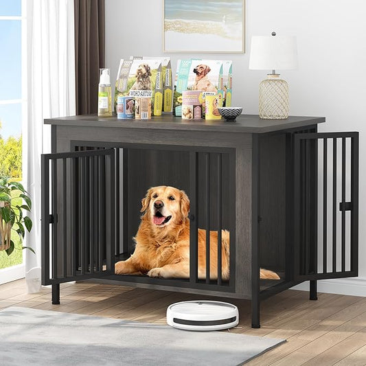 EasyCom Dog Crate Furniture for 1 or 2 Dogs, Heavy Duty Single/Double Dog Crates for Small/Medium/Large Dogs, Dog Kennel Furniture Indoor as TV Stand, Large Size 39.96" L(35-60 Pounds), Dark Grey