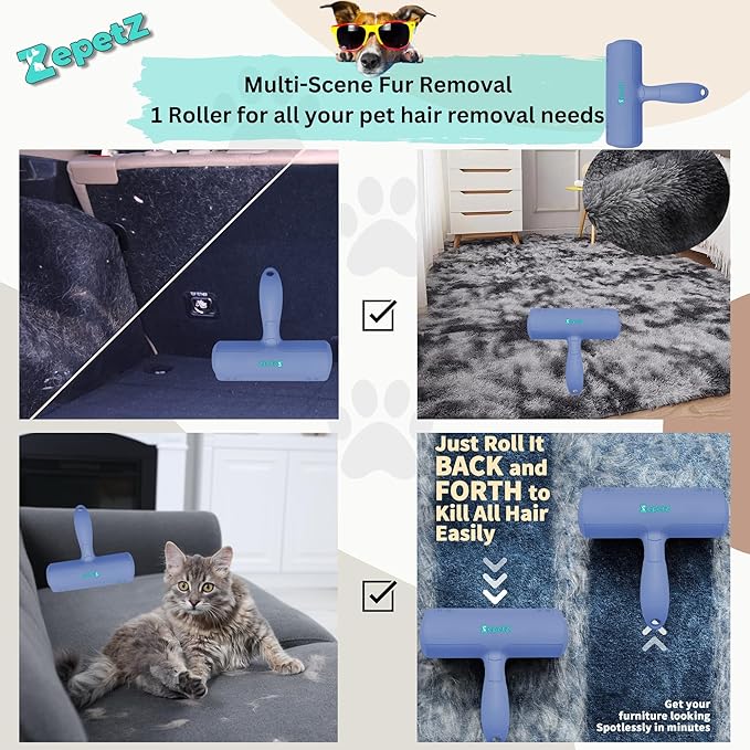 Pet Hair Remover Roller – Reusable Self-Cleaning Fur Removal Tool for Dogs & Cats – Ergonomic & Eco-Friendly Lint Roller for Couch, Carpet, Bed, Car Seat & More (Blue)