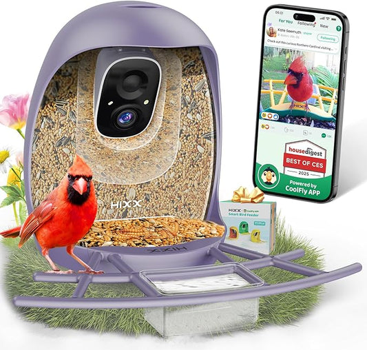 HIXX Smart Bird Feeder with Camera, AI Identify Birds & Auto Capture, 2K HD Live Camera Birdwatching with Color Night Vision for Bird Lovers Gifts (Purple)