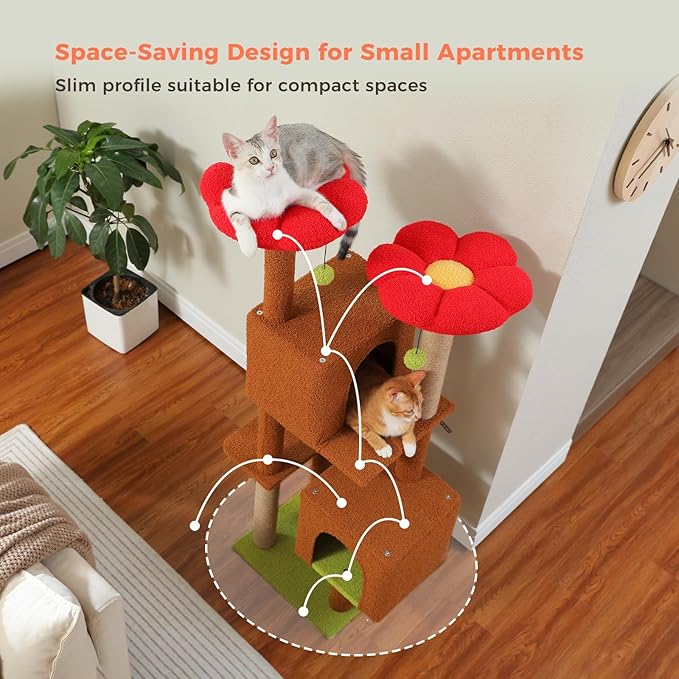 Flower Cat Tree, 52.4 Inch Multi-Level Cat Tower for Indoor Cats with Dual Top Perches, 2 Condos & Scratching Posts, Plush Cat Furniture for Kittens and Medium Cats, Brown