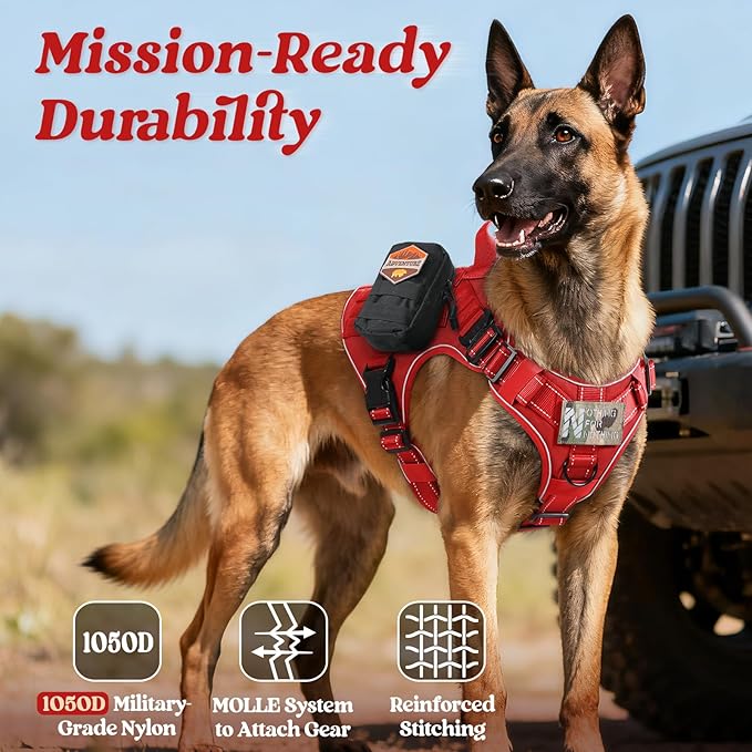 rabbitgoo Tactical Dog Harness for Large Dogs, No Pull Upgraded Reflective Heavy Duty Molle Vest with Handle, Adjustable Military Service Dog Vest for Walking Hiking Training, Red, XL