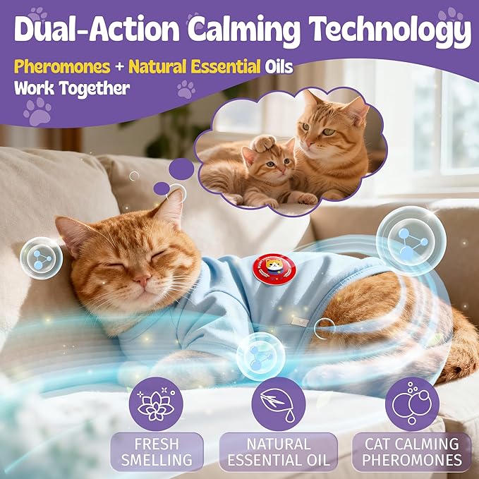 Cat Calming Patches for Travel, Car & Home Use, Pheromone & Natural Essential Oil Calming Diffuser for Cats & Kittens to Reduce Anxiety and Stress, Long Lasting & Non Toxic, 10 Count