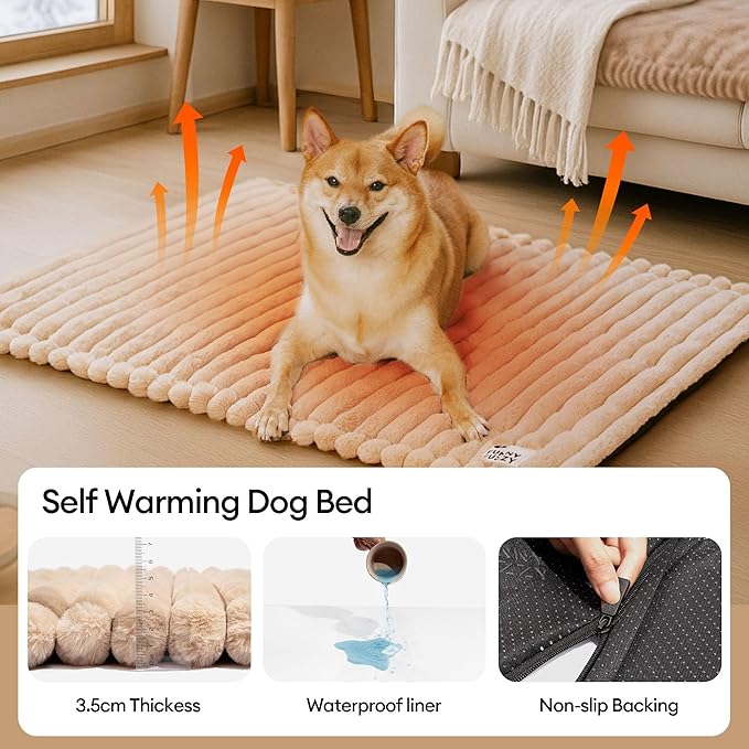 FUNNY FUZZY Self Warming Cat Bed, Waterproof Corduroy Fleece Warm Self Heating Pad for Cats & Dogs, Non-Skid Thermal Pet Mat Indoor with Removable Washable Cover - ThermoPad, 25.5"×17.7", Khaki
