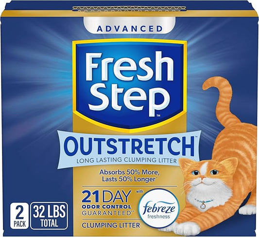 Fresh Step Outstretch Advanced Long Lasting Clumping Litter with Febreze Freshness, Activated Charcoal Litter Lasts 50% Longer, 32 lbs. (2 x 16 lb. Box)