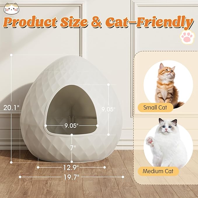 Egg-Shaped Hidden Cat Litter Box Enclosure, Secret Small Plant Litter Box Furniture with Two Interchangeable Top, Easy Assembly, for Living Room Corner White