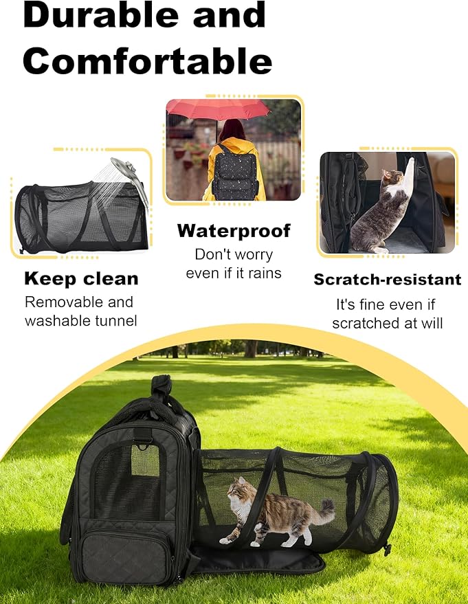 Dog Travel Backpack with Expandable Tunnel for Cats and Dogs up to 17lbs, Secure Carrier with Safety Leash, Soft Cushion, Comfortable Shoulder Straps, Black