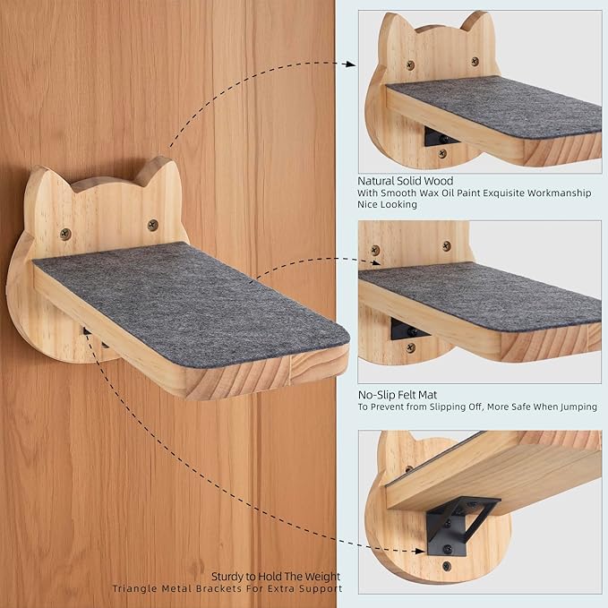 ESPETS Natural Solid Wood Cat Wall Floating Steps Set of 3 - Wall Mounted Wooden Cat Climbing Shelves and Perches, Kittty Stairs Ladder - Easy Install, Holds up 30lbs